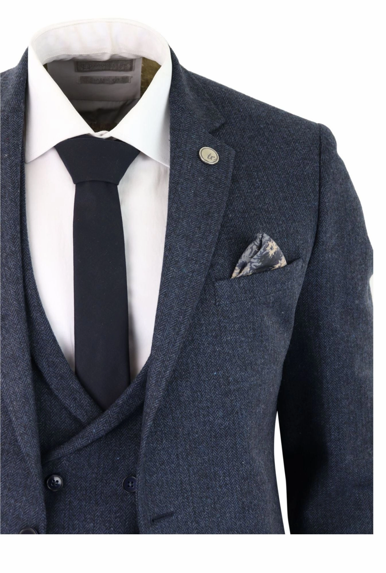 3 Piece Tweed Suit Blue Herringbone