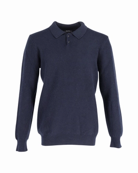 A.P.C. Long Sleeve Polo Shirt in Navy Blue Wool chunky knit discount