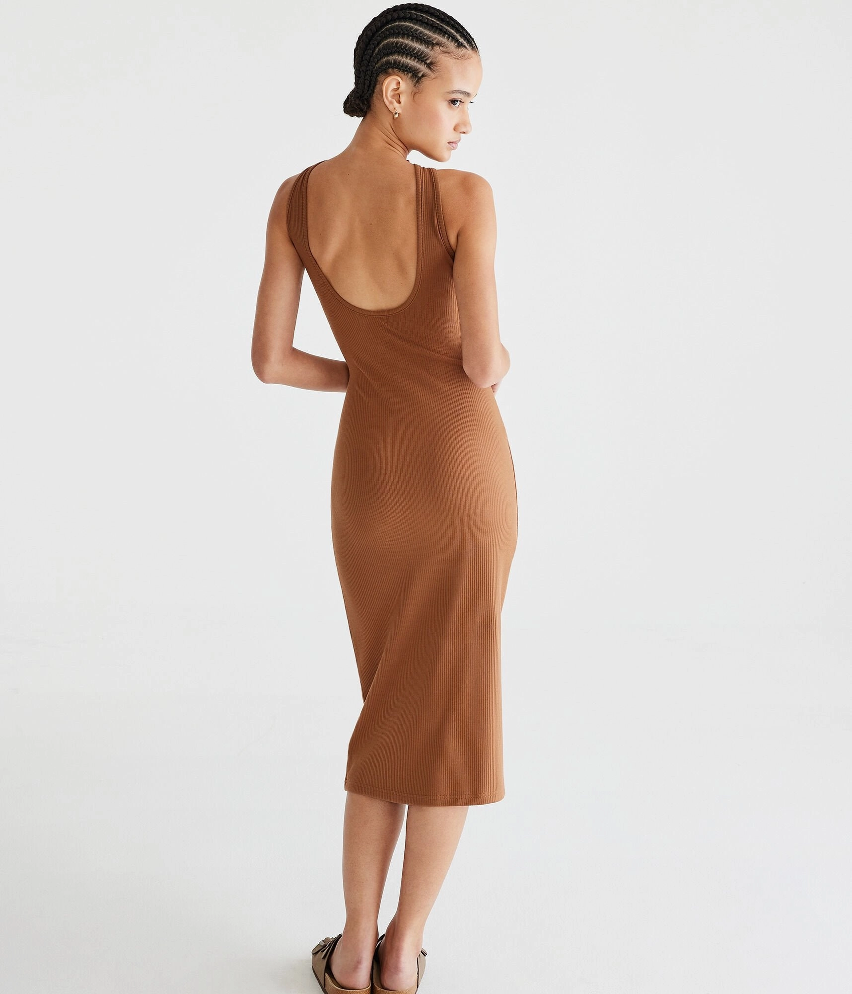Aeropostale Solid High-Neck Ribbed Midi Slip Dress