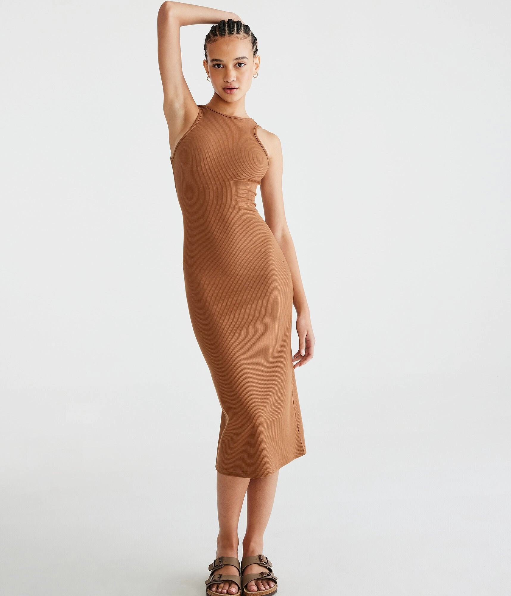 Aeropostale Solid High-Neck Ribbed Midi Slip Dress
