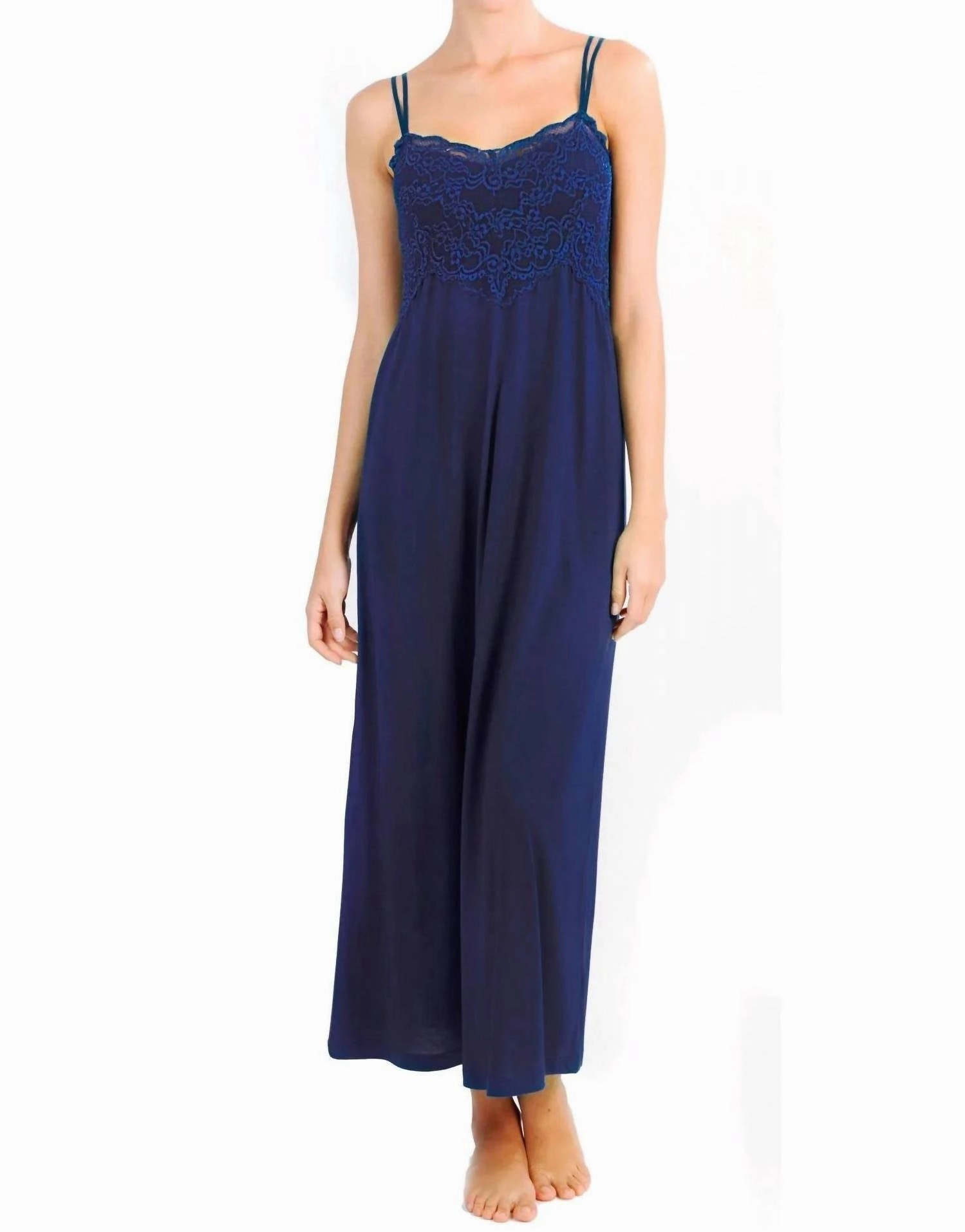 Alissa Double Spaghetti Strap Long Gown In Pacific Blue