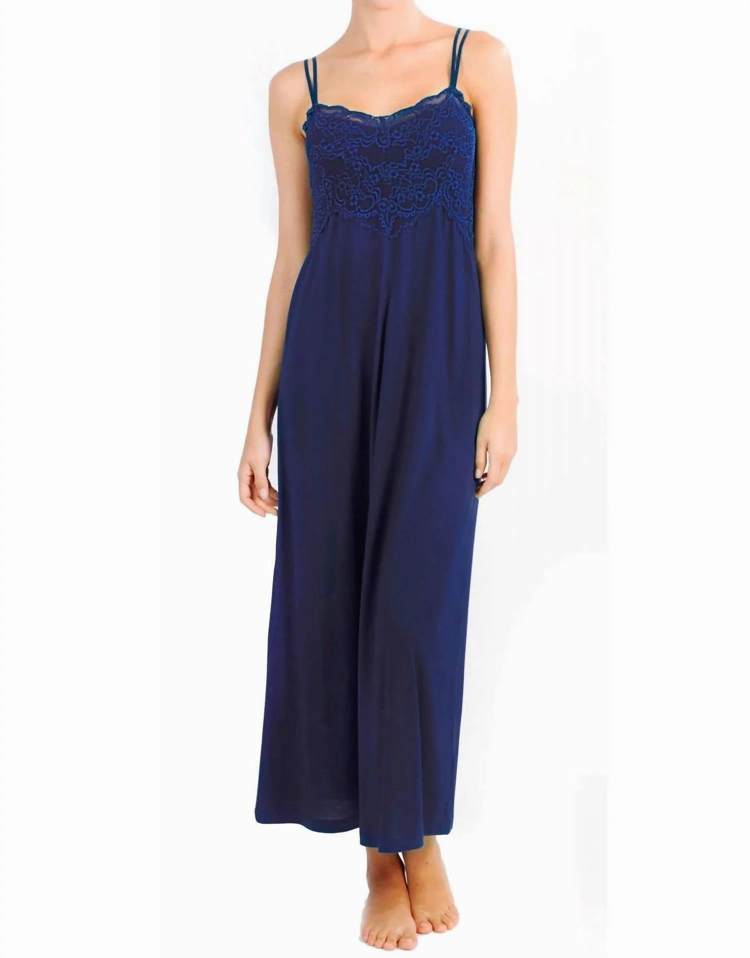 Alissa Double Spaghetti Strap Long Gown In Pacific Blue