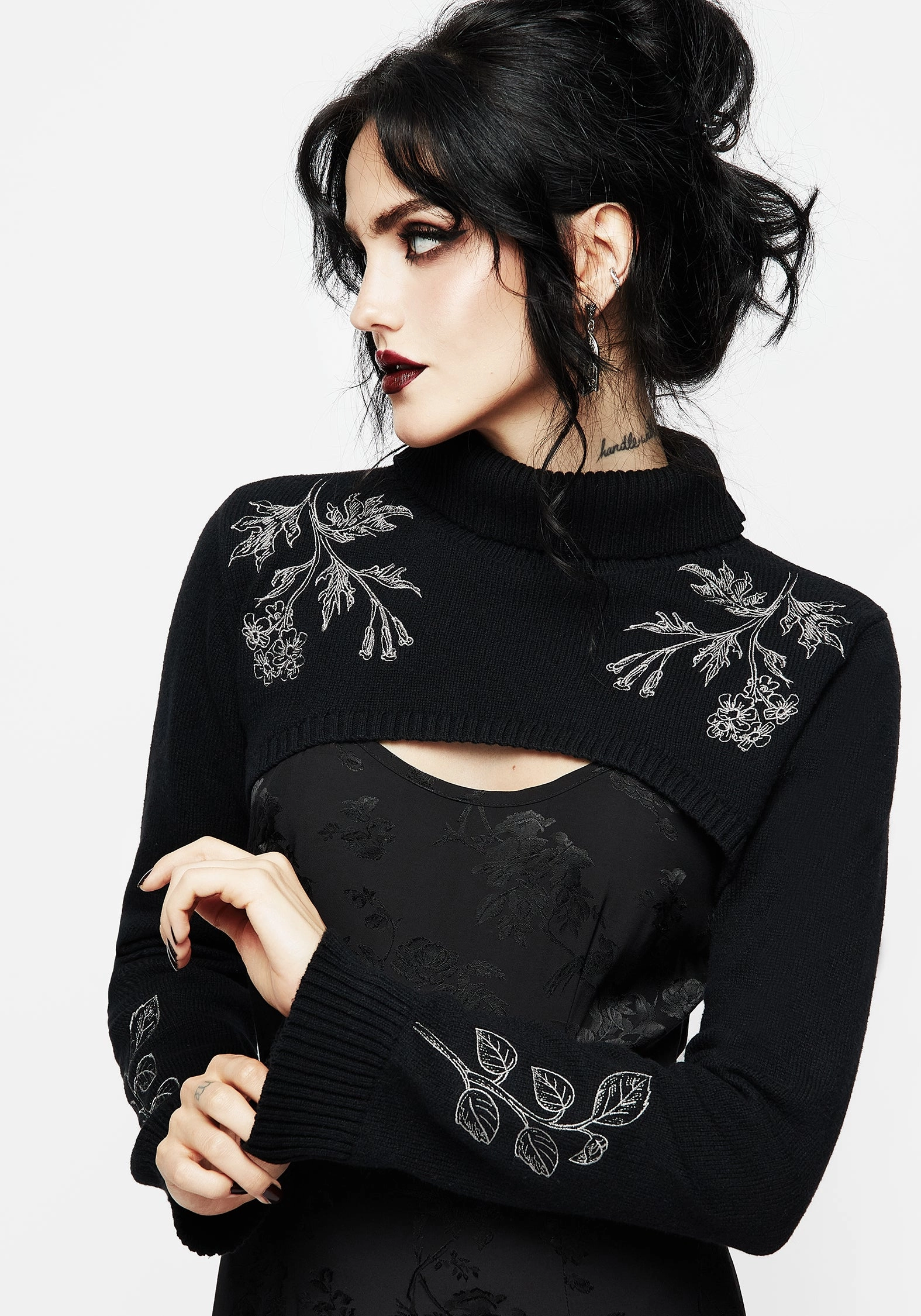Amalthea Embroidered Roll Neck Extreme Crop Jumper Tops Womens - women's blouses clearance