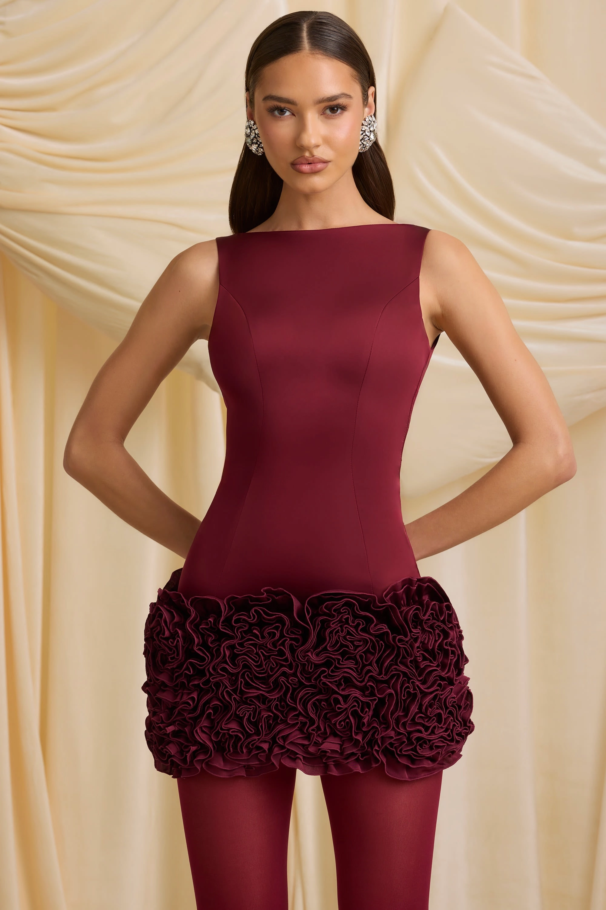 Appliqu Open-Back Mini Dress in Wine Red shop for Dresses online
