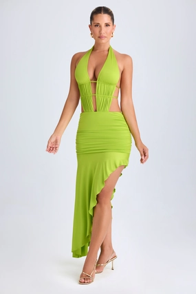 Asymmetric Cut-Out Halterneck Midaxi Dress in Lime Green Dresses - cocktail dresses sale