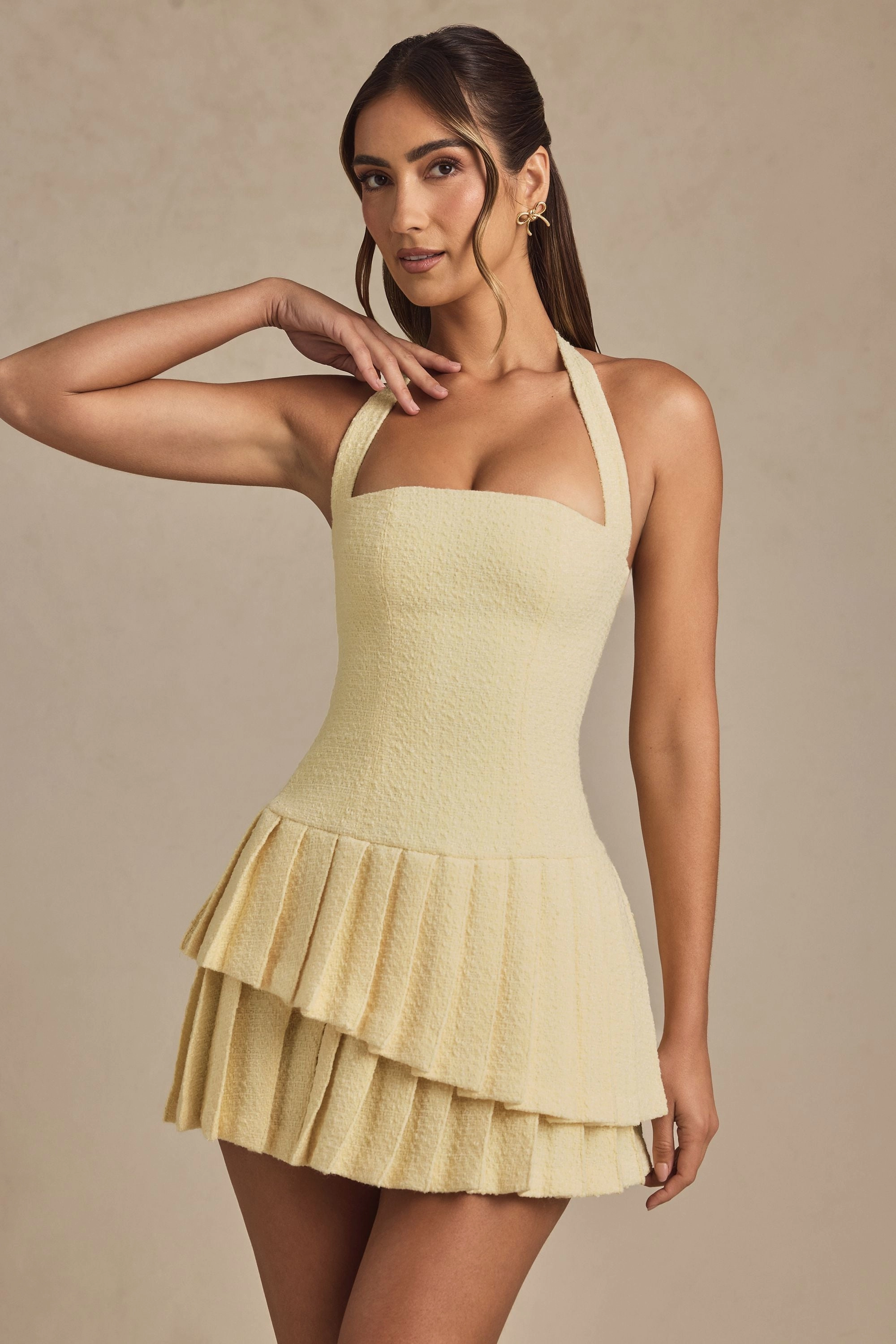 Asymmetric Layered Halterneck Mini Dress in Pastel Yellow Dresses - cocktail dresses sale