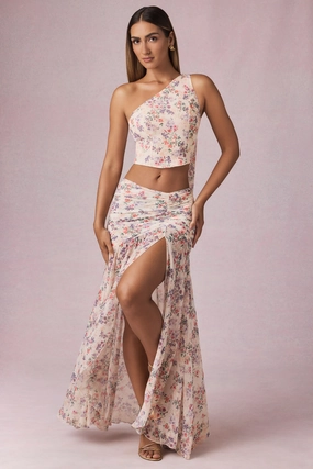 Asymmetric Ruched Maxi Skirt in Primrose Floral Print Bottoms Womens - women's pants clearance