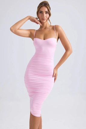 Asymmetric Ruched Midi Dress in Light Pink cheap Dresses on sale