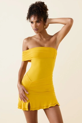 Asymmetric Ruched One-Shoulder Mini Dress in Golden Yellow cheap Dresses on sale