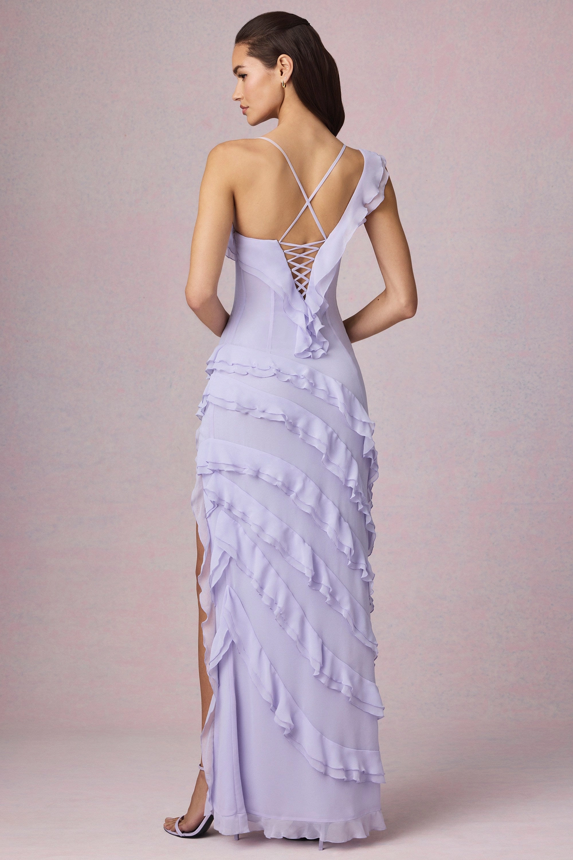 Asymmetric Ruffled Lace-Up Gown in Lilac