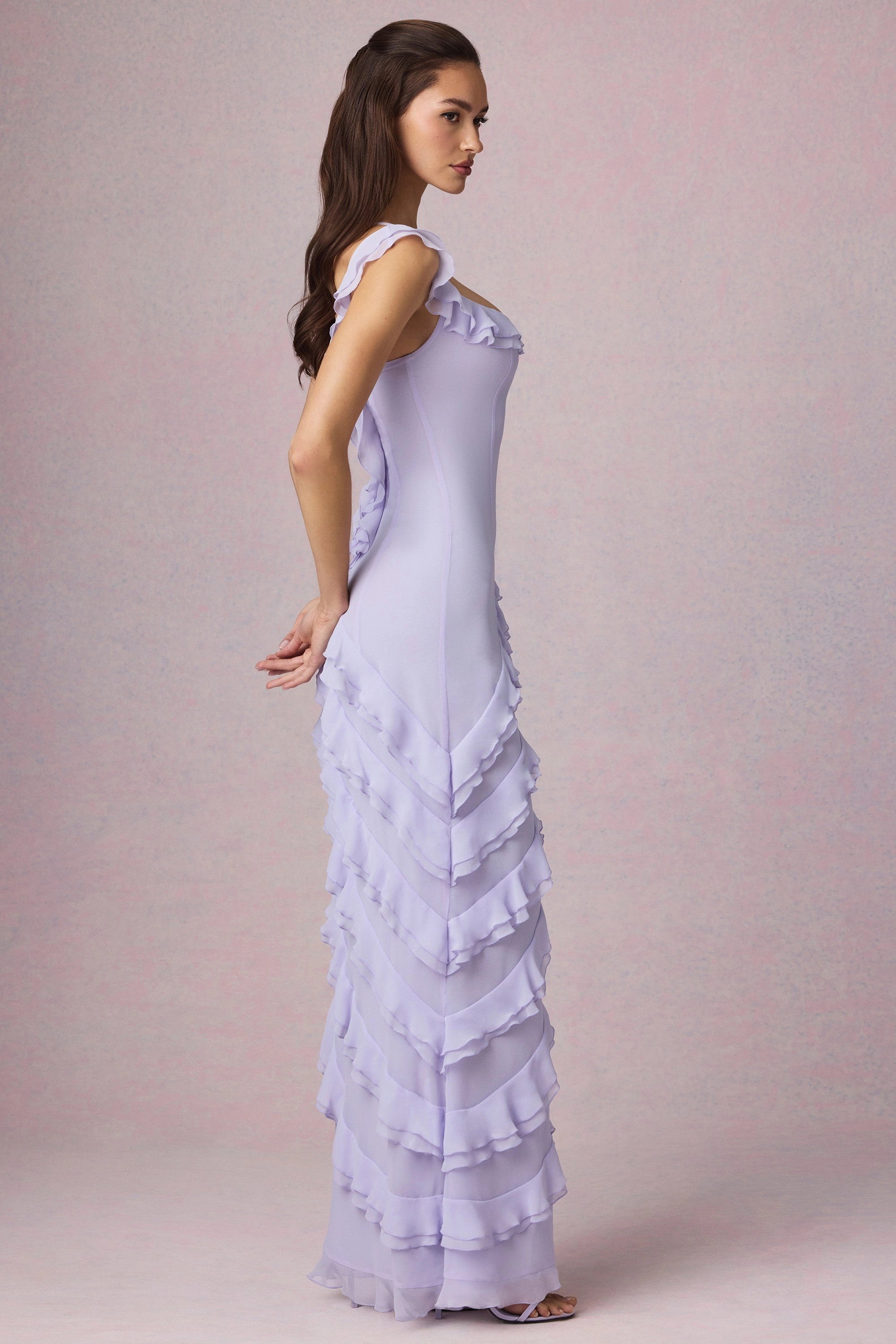 Asymmetric Ruffled Lace-Up Gown in Lilac