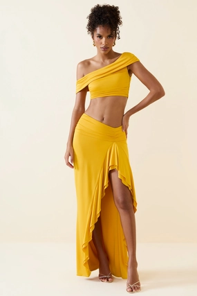 Asymmetric Ruffled Low-Rise Maxi Skirt in Golden Yellow Bottoms Womens - women's pants clearance