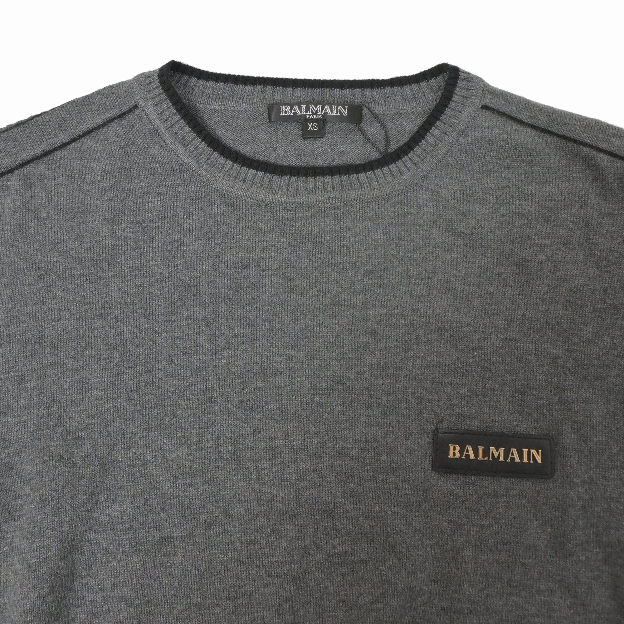 Balmain Knitted Logo Patch Round Neck Sweater in Grey Wool