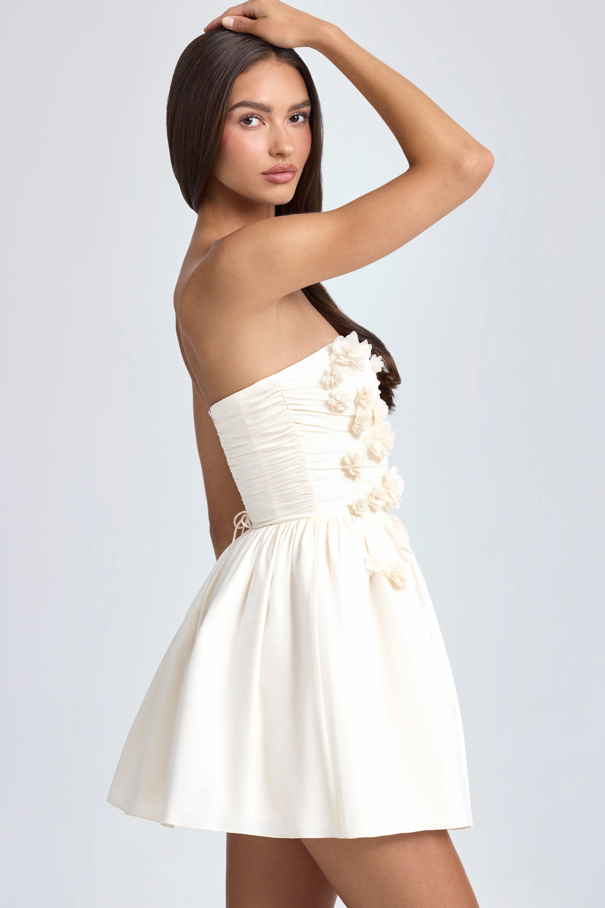 Bandeau Floral-Appliqu Corset Mini Dress in Ivory