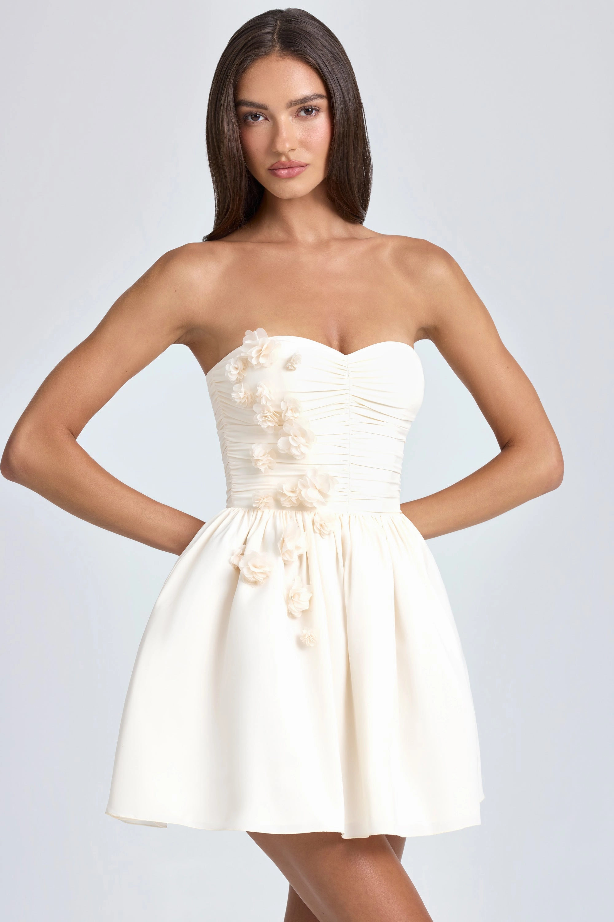 Bandeau Floral-Appliqu Corset Mini Dress in Ivory