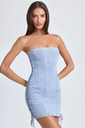 Bandeau Lace-Up Mini Dress in Light Blue Stonewash Dresses - evening gowns outlet