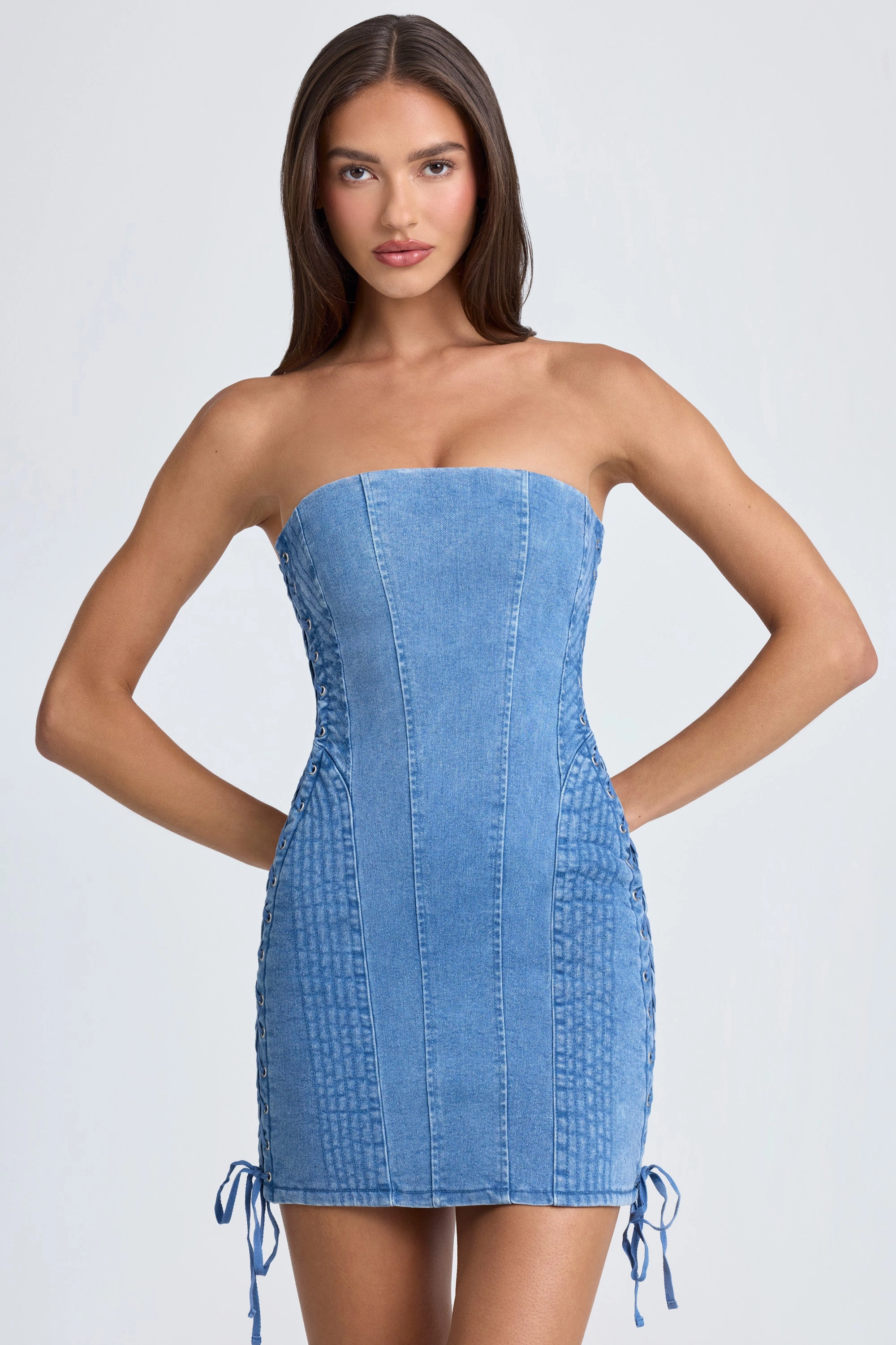 Bandeau Lace-Up Mini Dress in Mid Blue Stonewash Dresses - evening gowns outlet