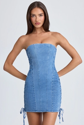 Bandeau Lace-Up Mini Dress in Mid Blue Stonewash Dresses - evening gowns outlet