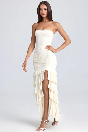 Bandeau Ruched Ruffle-Trim Maxi Dress in Ivory cheap Dresses on sale