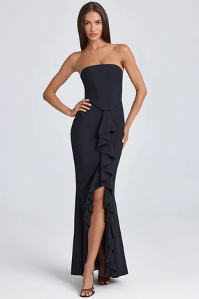 Bandeau Ruffle-Trim Corset Gown in Black Dresses - maxi dresses best price