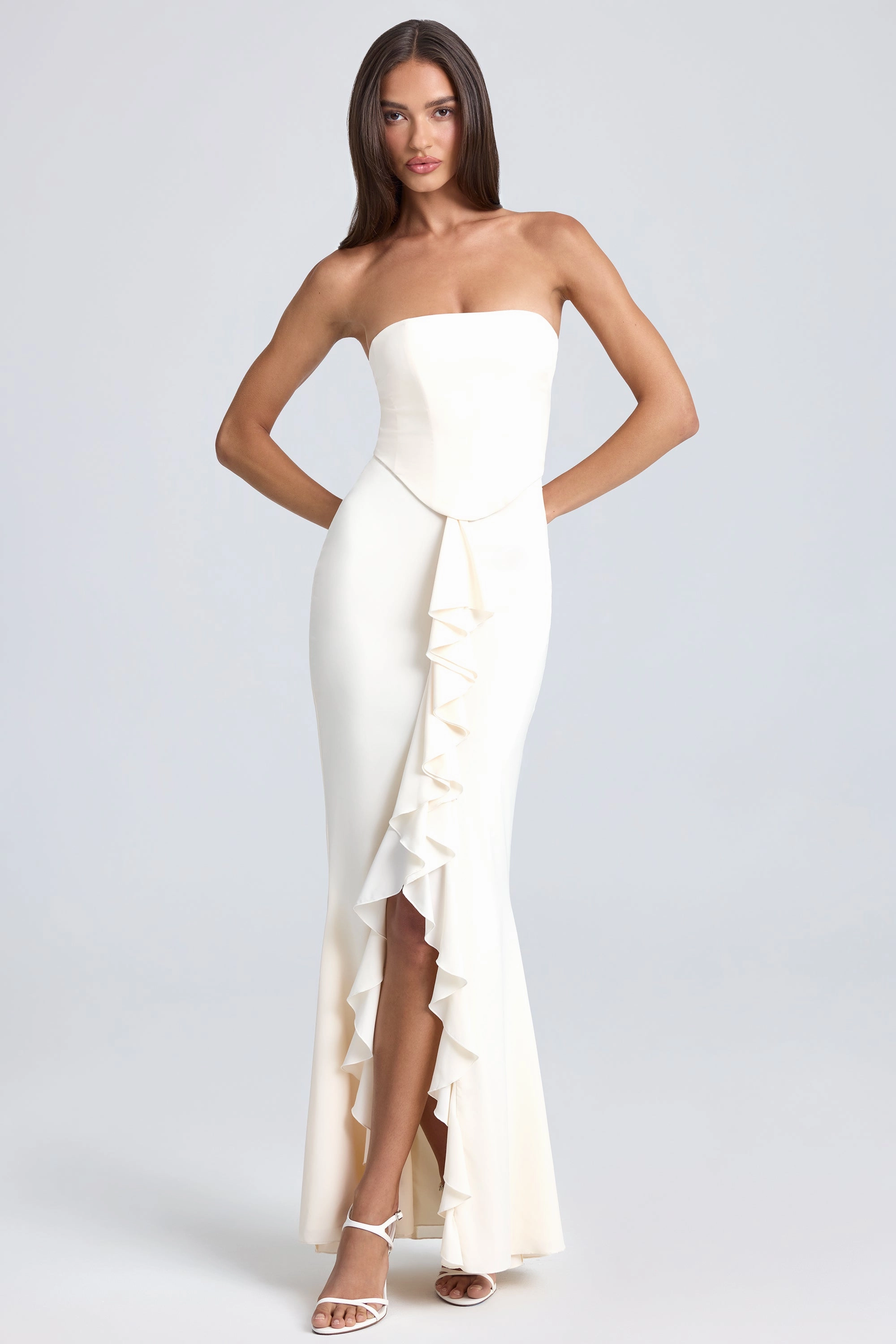 Bandeau Ruffle-Trim Corset Gown in Ivory Dresses - maxi dresses best price