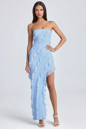 Bandeau Ruffle-Trim Maxi Dress in Powder Blue Dresses - evening gowns outlet