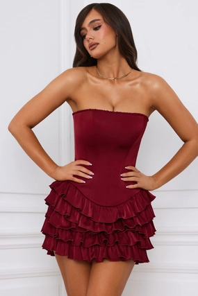 Bandeau Ruffled Tiered Corset Mini Dress in Berry Red shop for Dresses online