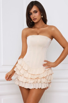 Bandeau Ruffled Tiered Corset Mini Dress in Ivory Dresses outlet online