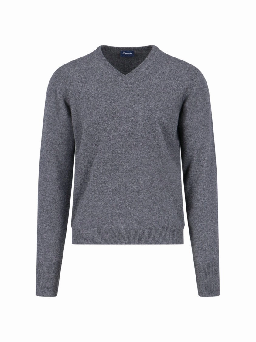 Basic Sweater In Grey Melange Cashmere V-Neck designer sweaters outlet