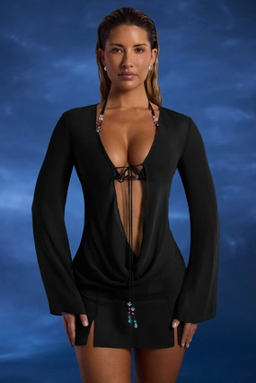 Bead-Embellished Cowl-Neck Sheer Mini Dress in Black Dresses - dresses on sale