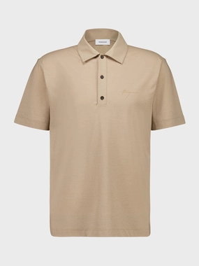 Beige Short-Sleeve Cotton Crepe Polo Shirt Tops Mens - men's t-shirts outlet