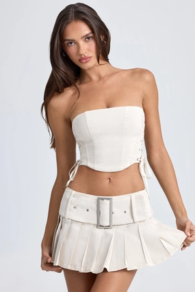 Belted Pleated Low-Rise Micro Mini Skirt in Ecru Bottoms Womens - women's pants clearance