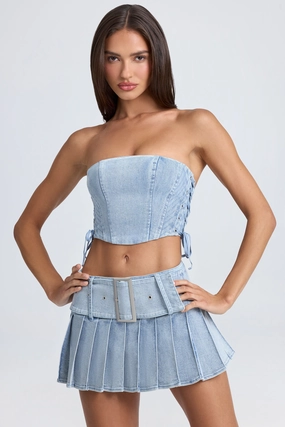 Belted Pleated Low-Rise Micro Mini Skirt in Light Blue Stonewash Bottoms Womens - women's pants clearance