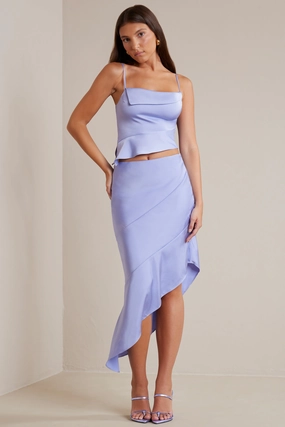 Bias Cut Satin Asymmetric Maxi Skirt in Periwinkle Bottoms Womens - women's pants clearance