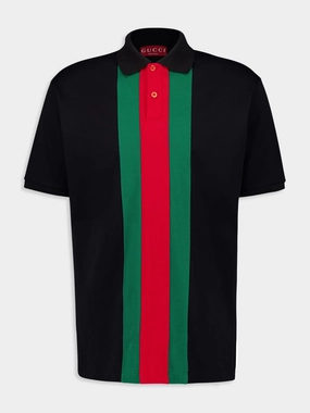 Black Cotton polo shirt with Web Tops Mens - men's t-shirts outlet