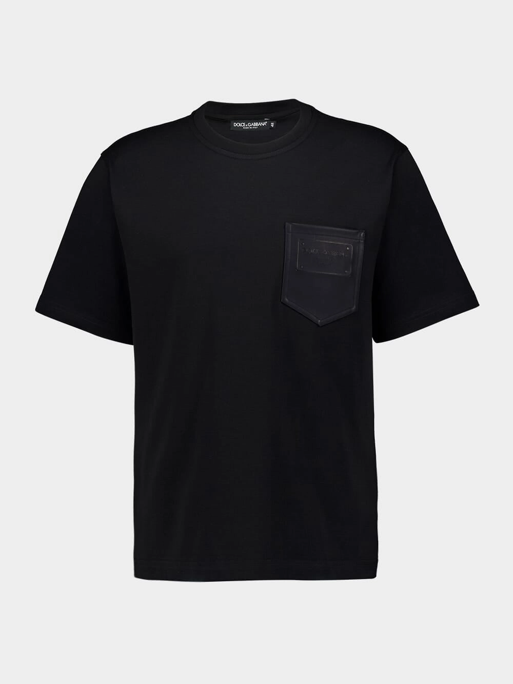 Black Cotton T-Shirt with Leather Pocket Tops Mens - flannel shirts