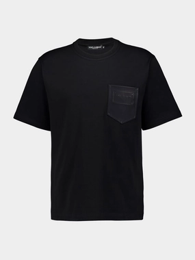 Black Cotton T-Shirt with Leather Pocket Tops Mens - flannel shirts