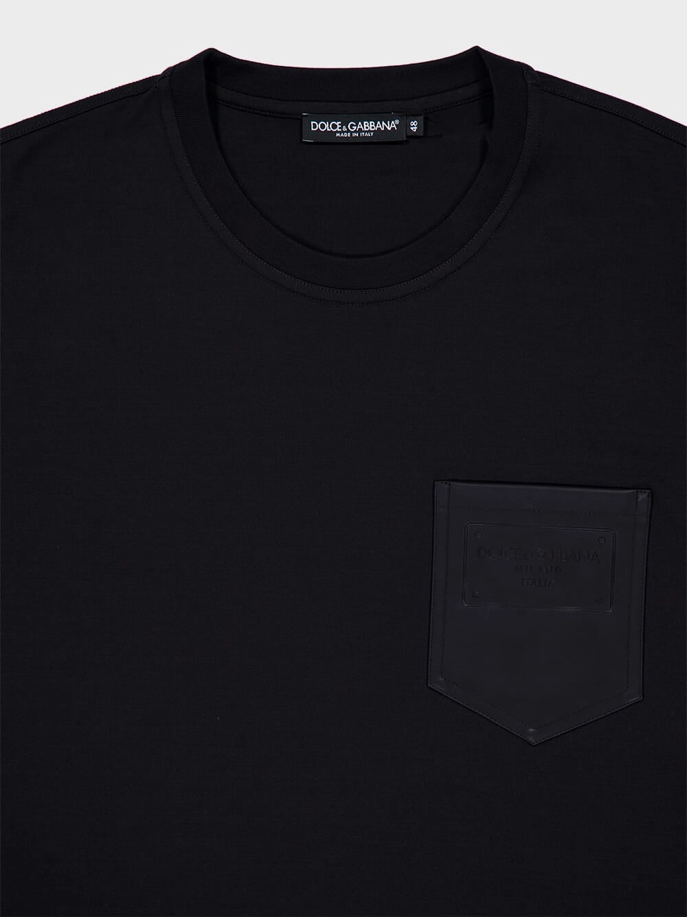 Black Cotton T-Shirt with Leather Pocket