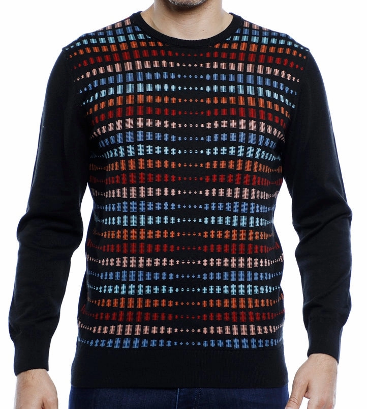 Black Crewneck with Multi Color Design chunky knit discount