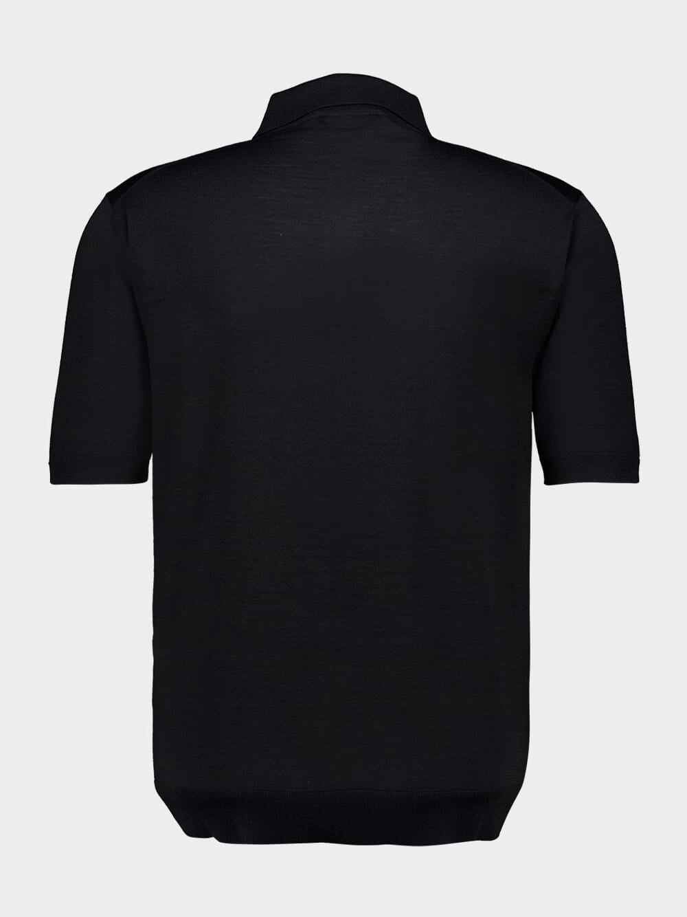 Black Fine Wool Knit Polo Top