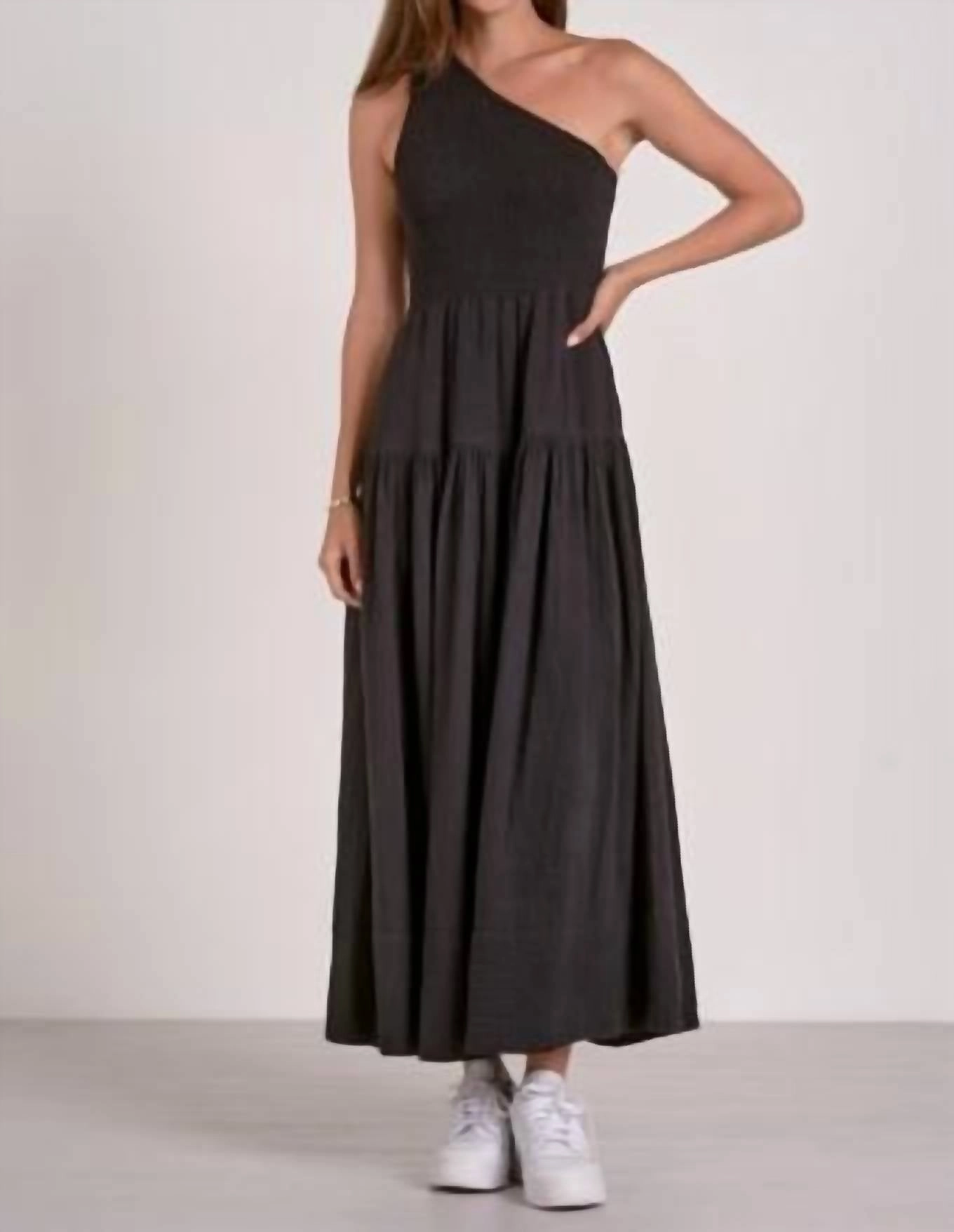 Black Gauze One-Strap Smocked Dress