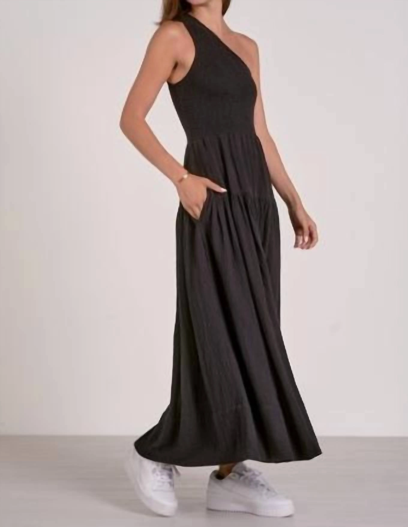 Black Gauze One-Strap Smocked Dress