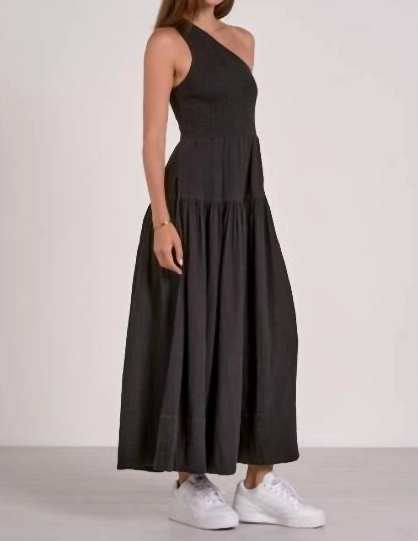 Black Gauze One-Strap Smocked Dress