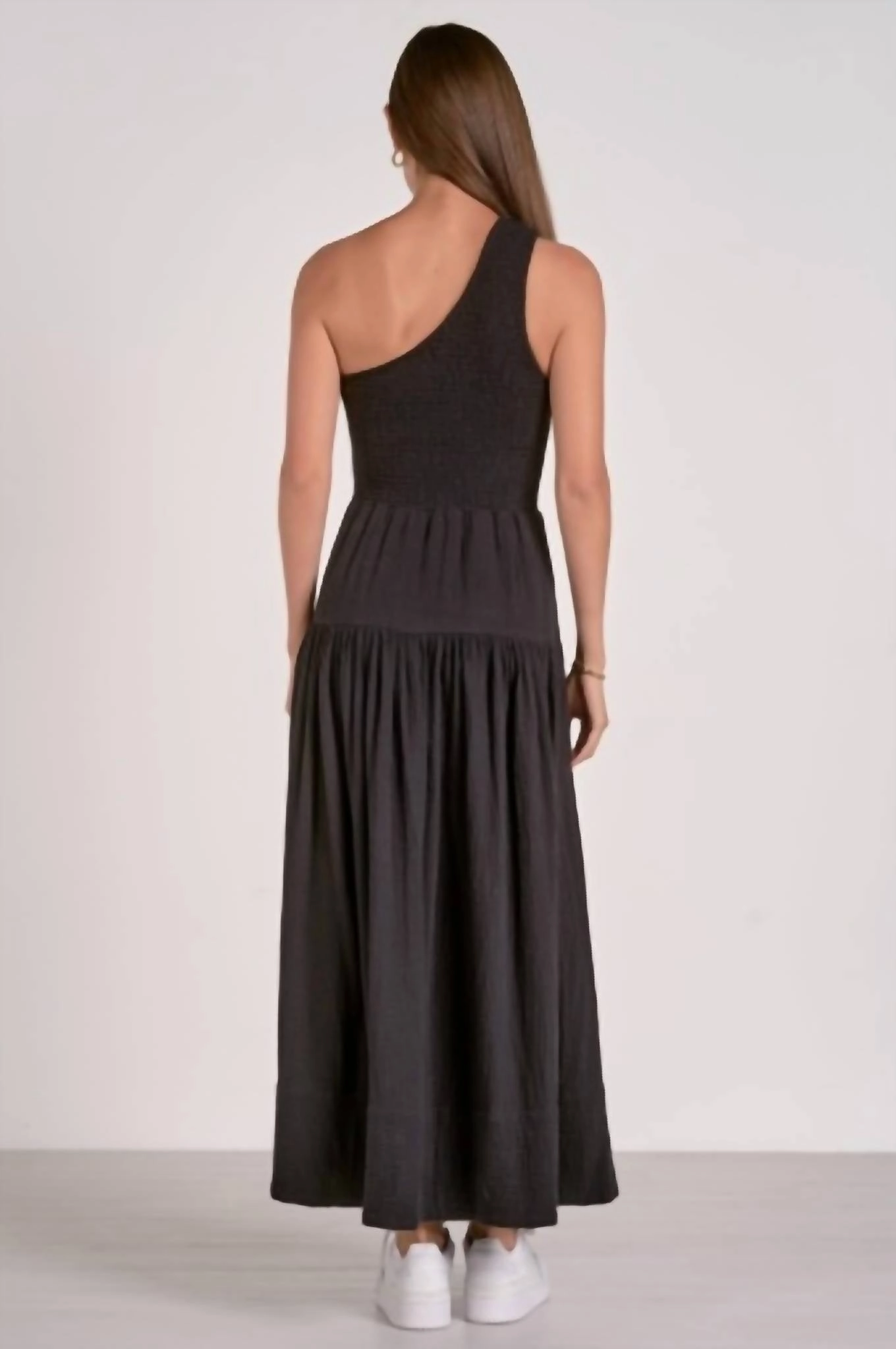 Black Gauze One-Strap Smocked Dress
