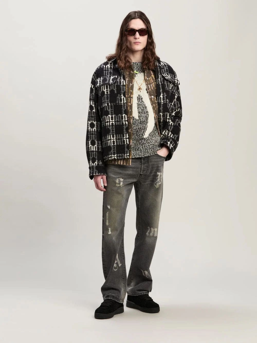 Black Loose Fit Jeans with Logo Print