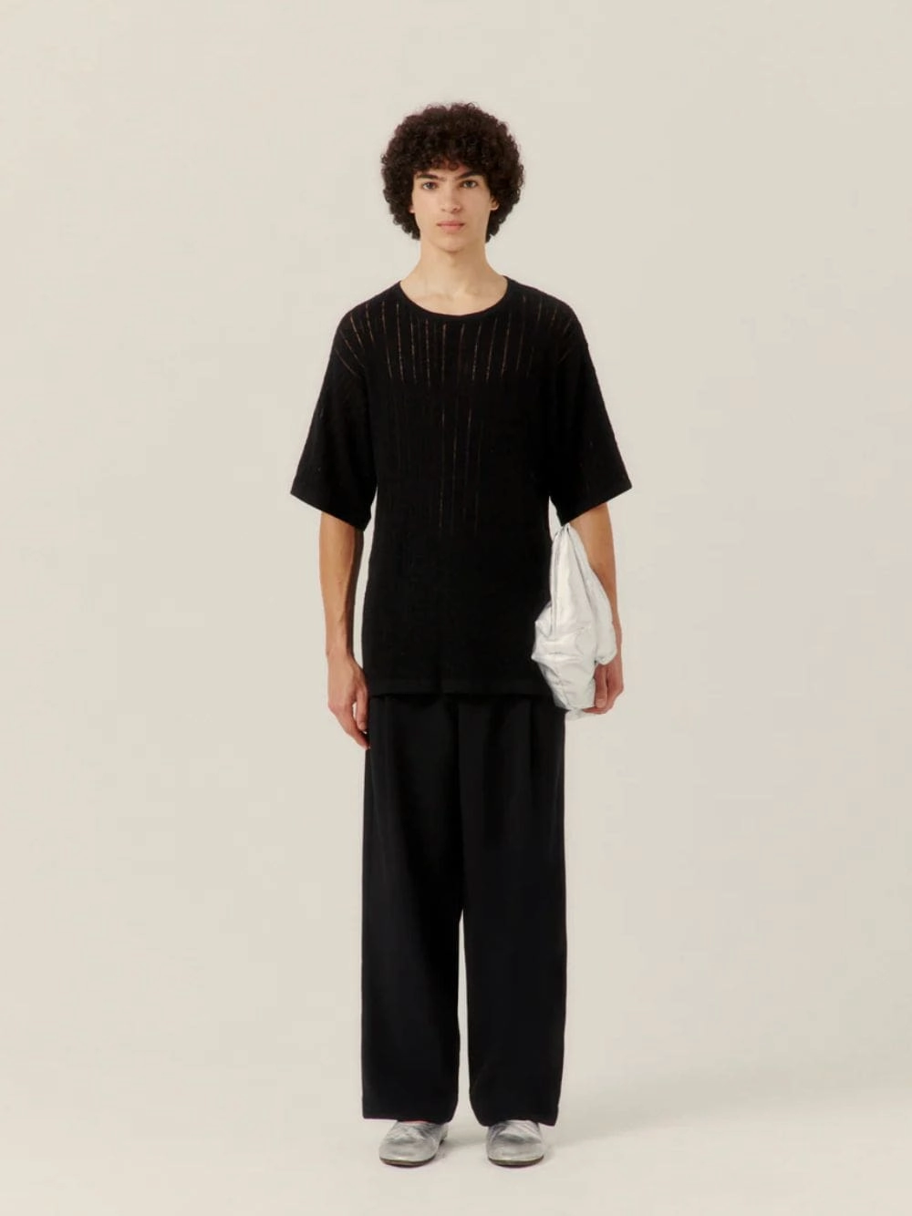 Black Pointelle Knit T-Shirt