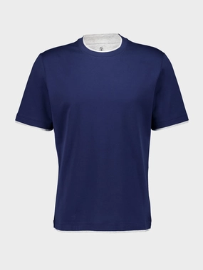 Blue Cotton Jersey T-Shirt with Faux-Layering Tops Mens - flannel shirts