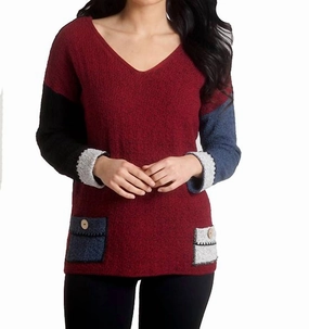 Boucle Reversible V-Neck Top In Winecombo chunky knit discount