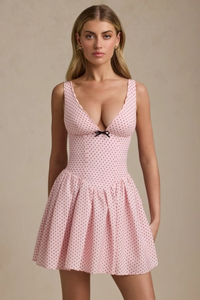 Bow-Detail A-Line Mini Dress in Pink Polka Dot Dresses best price