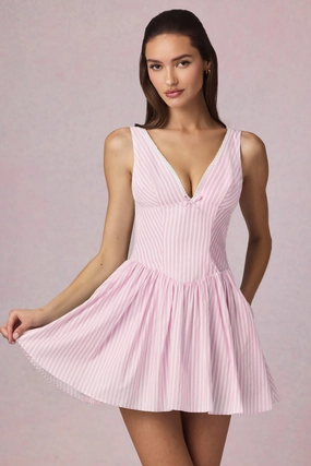 Bow-Detail A-Line Mini Dress in Soft Mauve Stripe Dresses best price